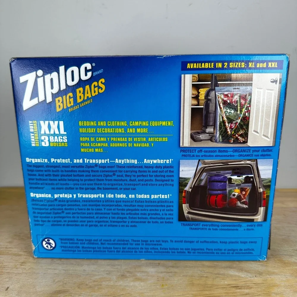 Ziploc Big Bags XXL 3 Count Heavy Duty Storage Bags 2ft x 2.7ft NEW OPEN BOX NOS